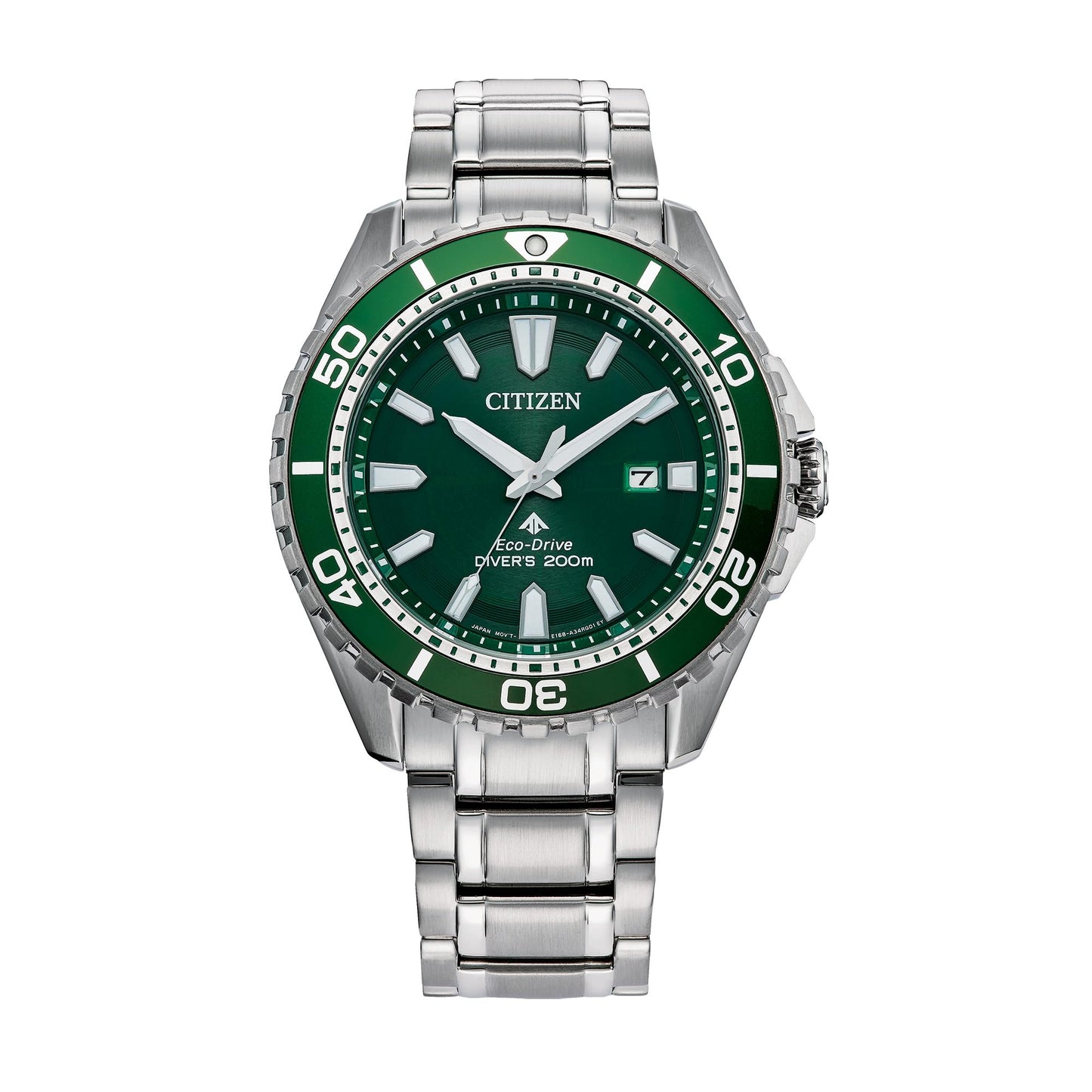 Citizen Reloj de buceo Eco-Dive Promaster para hombre, brazalete de acero inoxidable en tono plateado, esfera verde, 3 manecillas, fecha (Modelo: BN0199-53X)