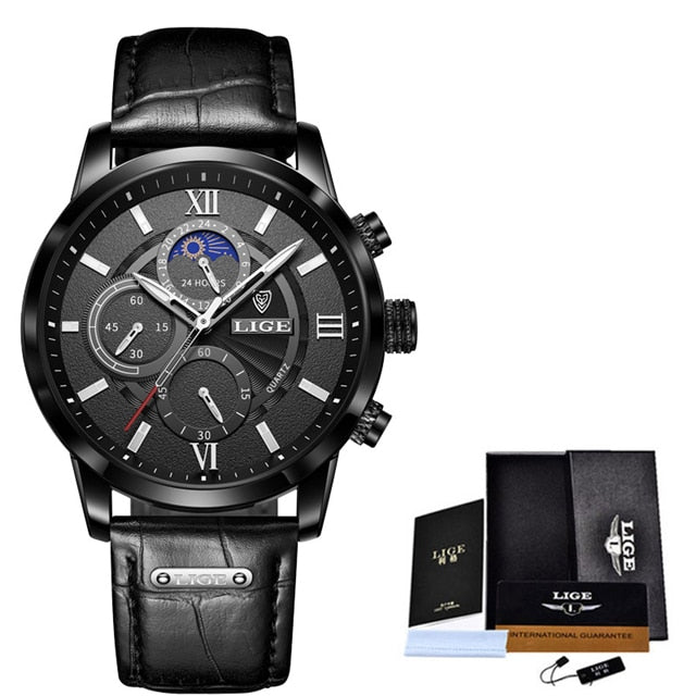 Montres LIGE pour Hommes, Montre-bracelet de Luxe de Marque Supérieure en Cuir, Montre à Quartz Sport Étanche, Horloge Masculine Relogio Masculino+Boîte