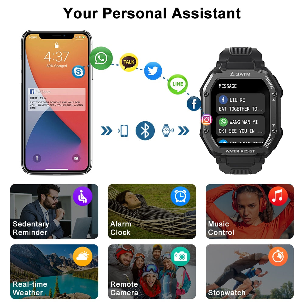 Reloj inteligente ROCK resistente para hombres, reloj deportivo para exteriores, impermeable, rastreador de actividad física, monitor de presión arterial, reloj inteligente
