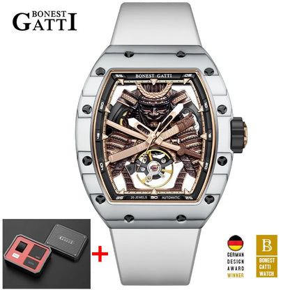 BONEST GATTI Carbon Fiber Case Men Automatic Movement Wristwatch Skeleton Warrior Sapphire Glass Mechanical Watches for Men 2025