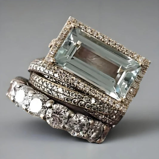 2025 New Fashion Three Piece Set Blue Square Zircon Rings For Women Party Idea Gifts Custom Jewelry