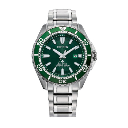 Montre Citizen pour Homme Eco-Drive Promaster Diver, bracelet en acier inoxydable argenté, cadran vert, affichage 3 aiguilles et date (Modèle : BN0199-53X)