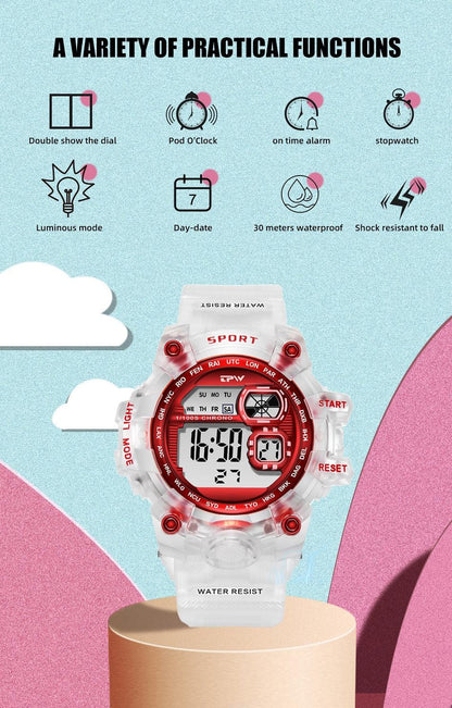 Digital Watches For Women School Girl Student  Transparent Color Water Resistent Silicone Strap Stopwatch Alarm Countdown Dual Time Ultra Super Wide-Angle Display Digital Wrist Watches For Men Women