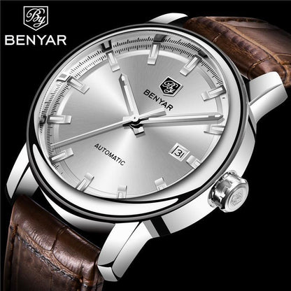 Montre de Sport Classique Luxe Automatique Mécanique pour Homme, Bracelet en Cuir Véritable Résistant à l'Eau, Montre-Bracelet Décontractée