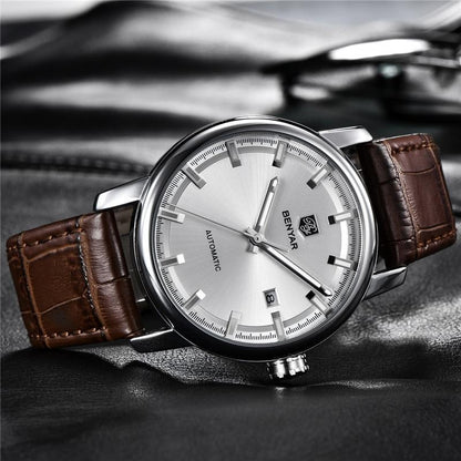Montre de Sport Classique Luxe Automatique Mécanique pour Homme, Bracelet en Cuir Véritable Résistant à l'Eau, Montre-Bracelet Décontractée