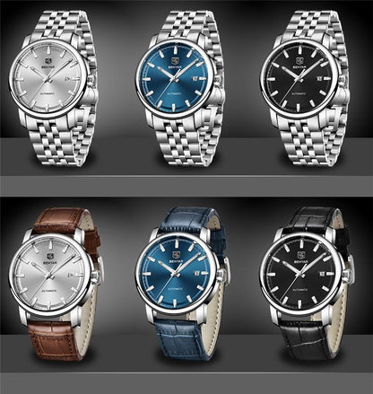 Montre de Sport Classique Luxe Automatique Mécanique pour Homme, Bracelet en Cuir Véritable Résistant à l'Eau, Montre-Bracelet Décontractée