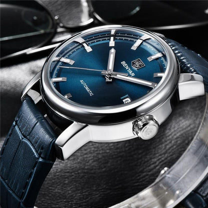 Montre de Sport Classique Luxe Automatique Mécanique pour Homme, Bracelet en Cuir Véritable Résistant à l'Eau, Montre-Bracelet Décontractée
