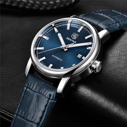 Montre de Sport Classique Luxe Automatique Mécanique pour Homme, Bracelet en Cuir Véritable Résistant à l'Eau, Montre-Bracelet Décontractée