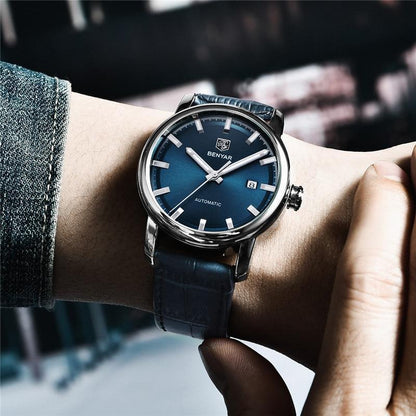 Montre de Sport Classique Luxe Automatique Mécanique pour Homme, Bracelet en Cuir Véritable Résistant à l'Eau, Montre-Bracelet Décontractée