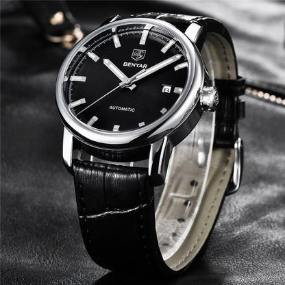 Montre de Sport Classique Luxe Automatique Mécanique pour Homme, Bracelet en Cuir Véritable Résistant à l'Eau, Montre-Bracelet Décontractée