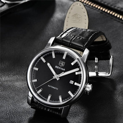 Montre de Sport Classique Luxe Automatique Mécanique pour Homme, Bracelet en Cuir Véritable Résistant à l'Eau, Montre-Bracelet Décontractée