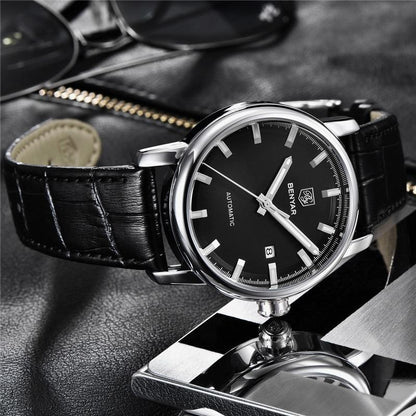 Montre de Sport Classique Luxe Automatique Mécanique pour Homme, Bracelet en Cuir Véritable Résistant à l'Eau, Montre-Bracelet Décontractée