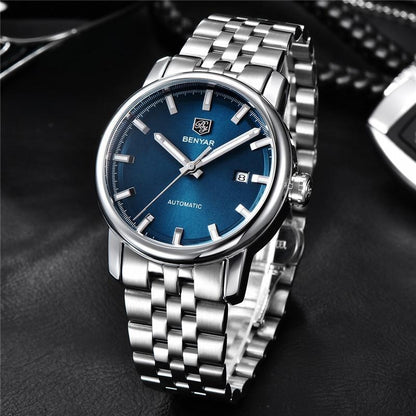 Montre de Sport Classique Luxe Automatique Mécanique pour Homme, Bracelet en Cuir Véritable Résistant à l'Eau, Montre-Bracelet Décontractée